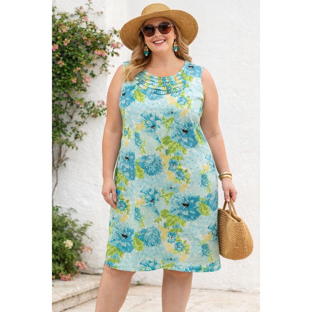 Kim Rogers Linen Shift Dress Womens 16 Blue Floral Sleeveless Pleated Neck - Picture 1 of 10